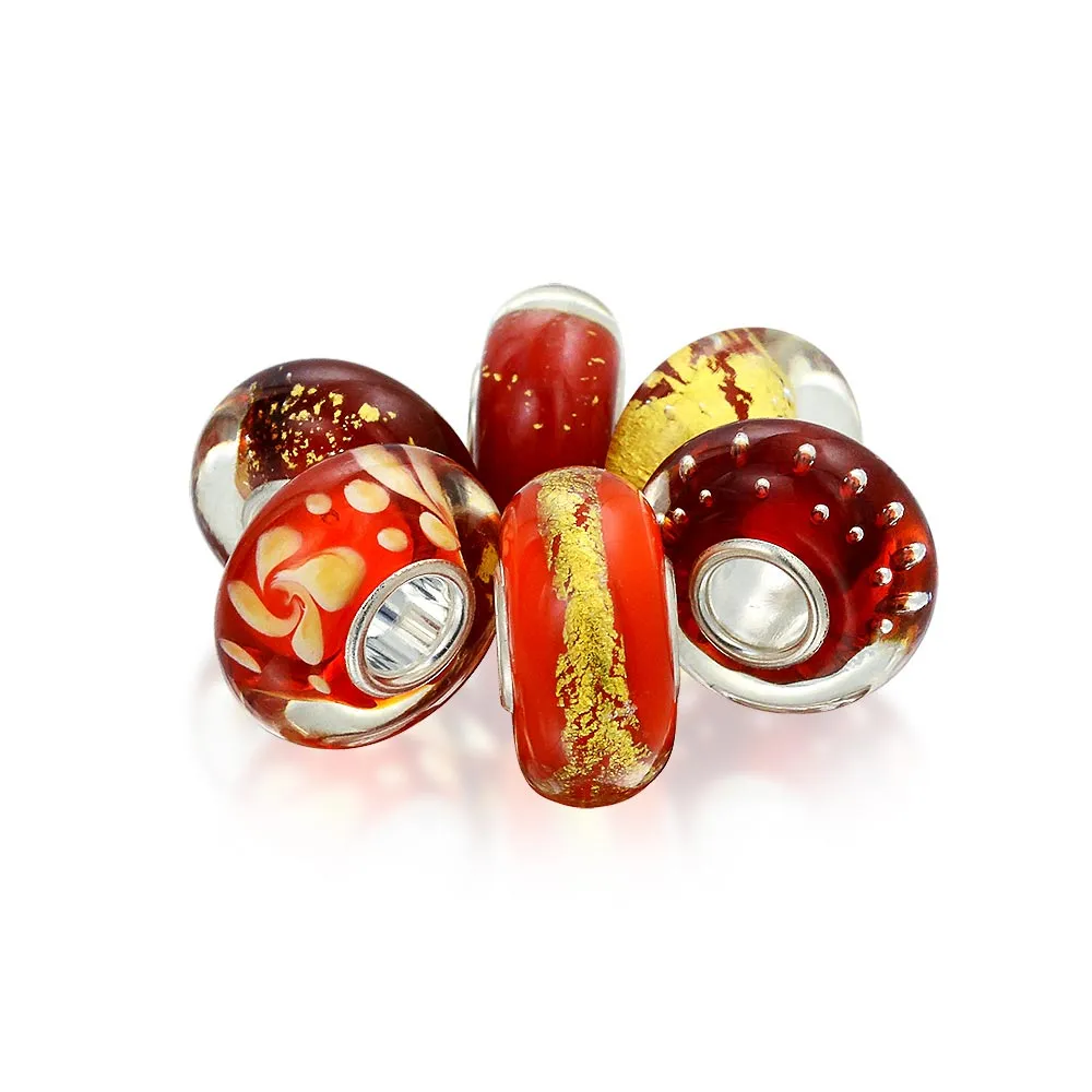 Mixed Set of 6 Sterling Silver Core Murano Glass Charm Beads for Bracelets