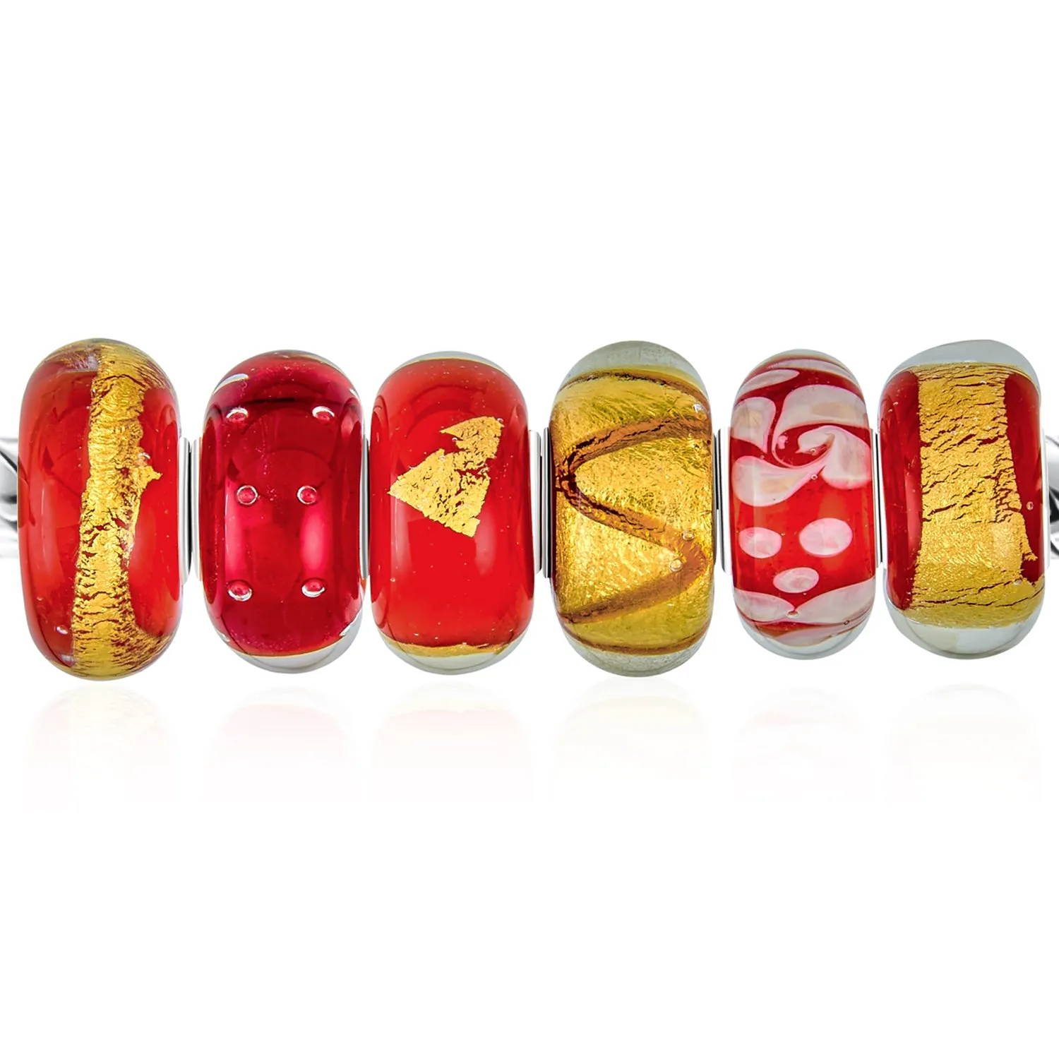Mixed Set of 6 Sterling Silver Core Murano Glass Charm Beads for Bracelets