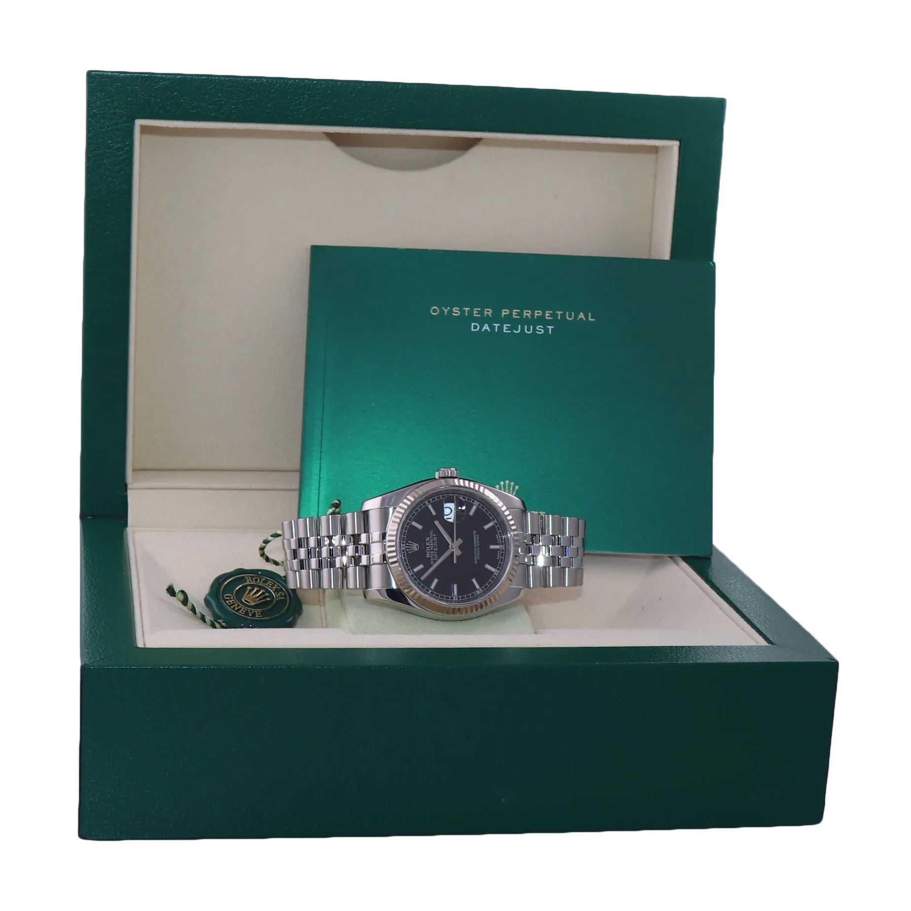 MODERN 2016 Rolex DateJust Steel Black Dial 116234 36mm Super Jubilee Watch Box