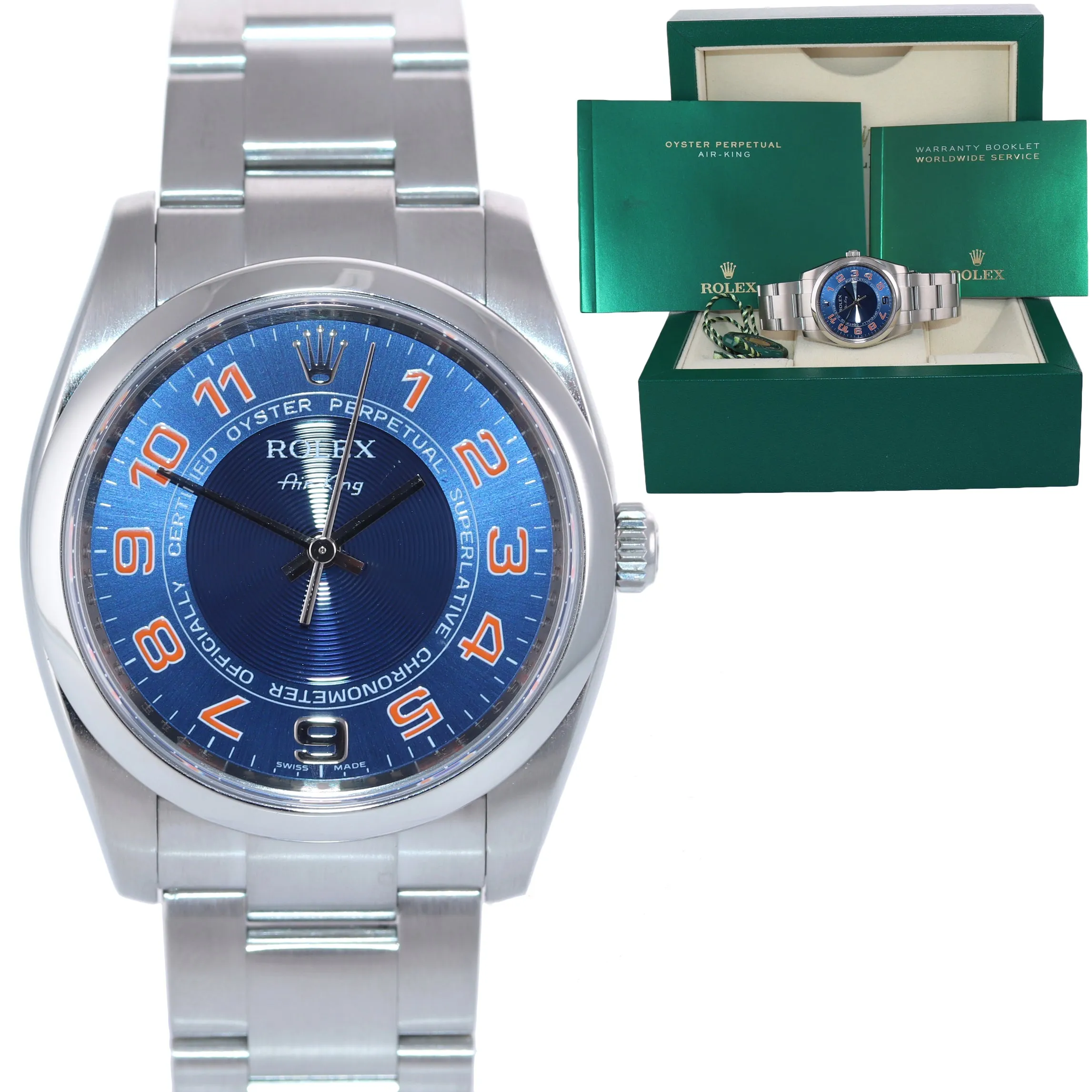 MODERN Rolex Oyster Perpetual Airking Blue Concentric Arabic 114200 Steel Watch