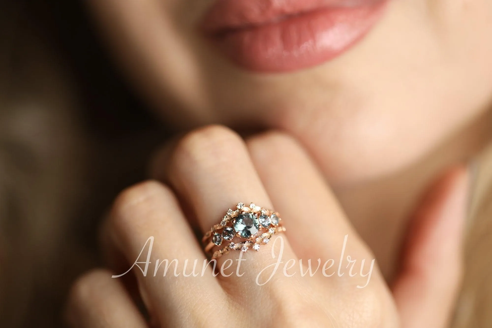 Montana Sapphire ring,sapphire engagement ring,steely blue  sapphire cluster ring,unique ring.
