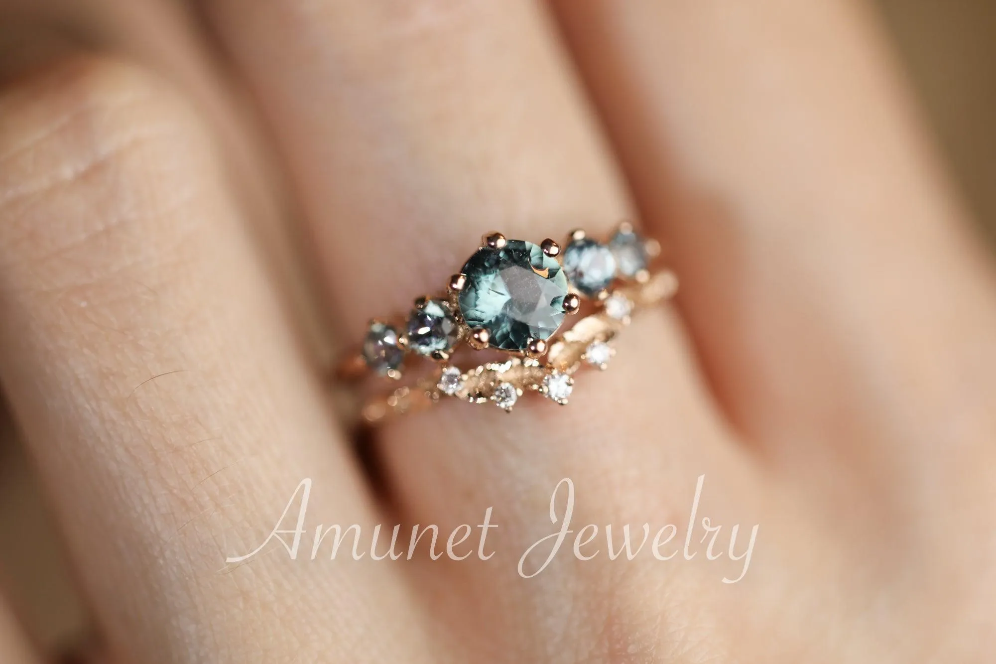 Montana Sapphire ring,sapphire engagement ring,steely blue  sapphire cluster ring,unique ring.