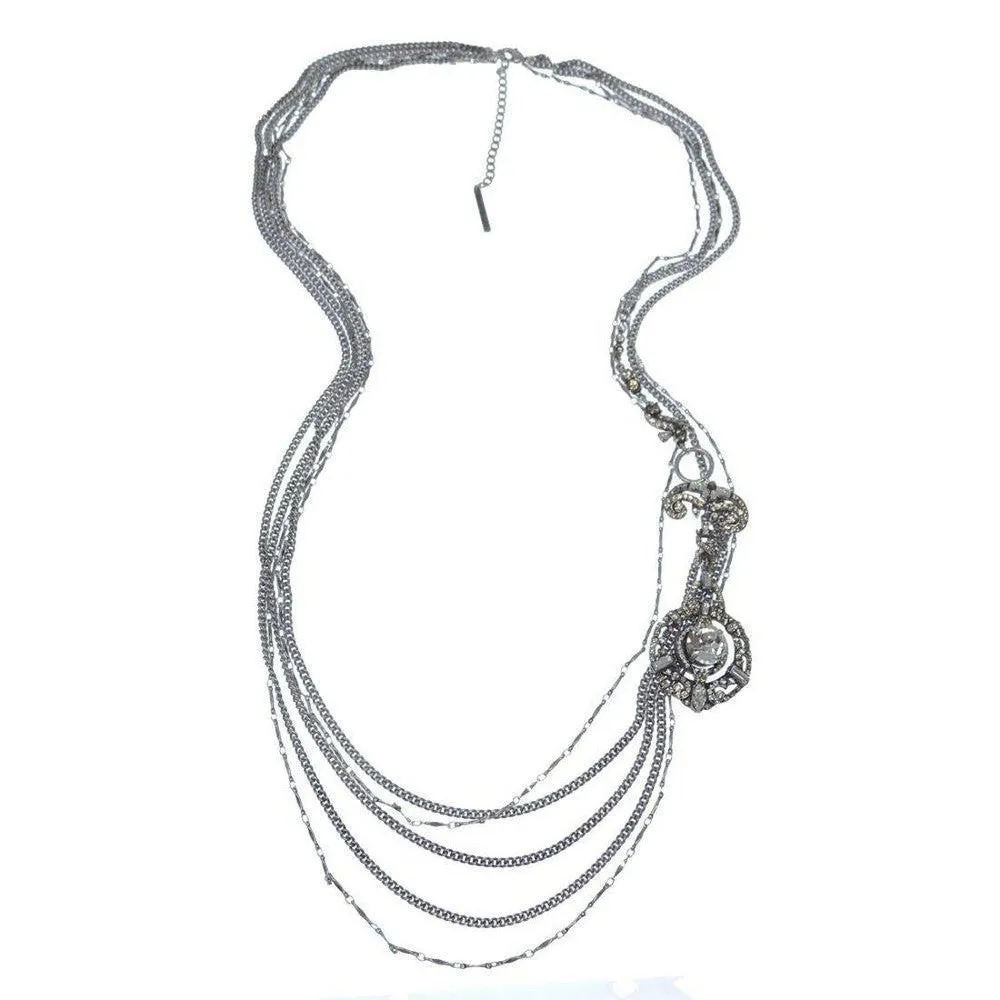 Multistrand Silver Chain Long Drop Tassle Necklace Cabachon Pendant