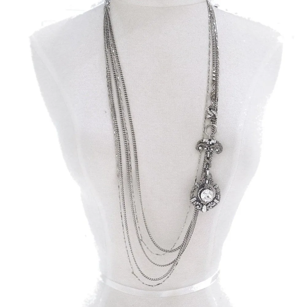 Multistrand Silver Chain Long Drop Tassle Necklace Cabachon Pendant
