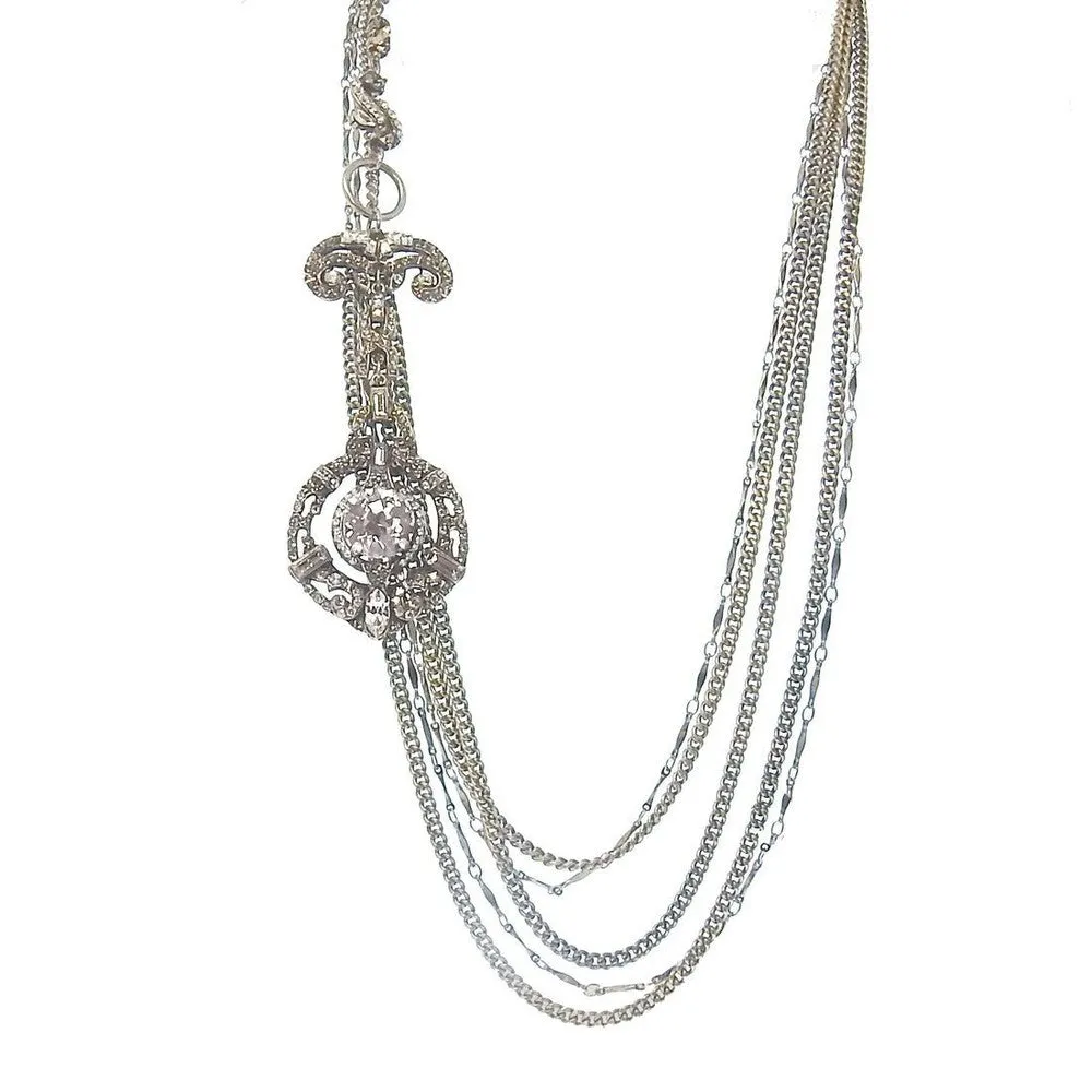 Multistrand Silver Chain Long Drop Tassle Necklace Cabachon Pendant