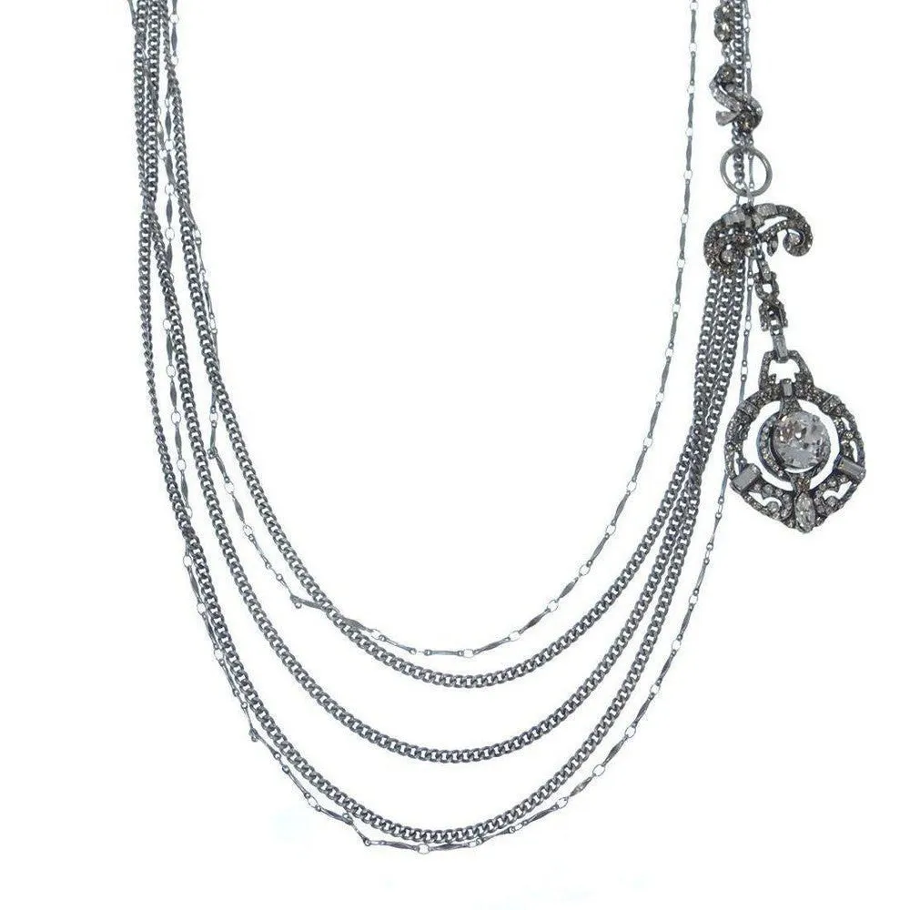 Multistrand Silver Chain Long Drop Tassle Necklace Cabachon Pendant