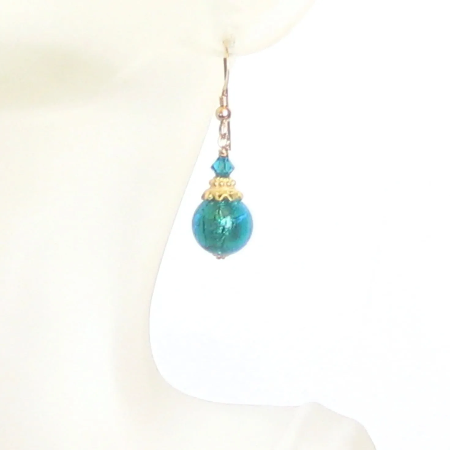 Murano Glass Aqua Gold Dangle Earrings by JKC Murano