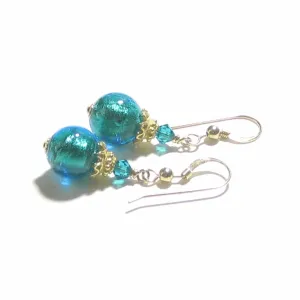 Murano Glass Aqua Gold Dangle Earrings by JKC Murano