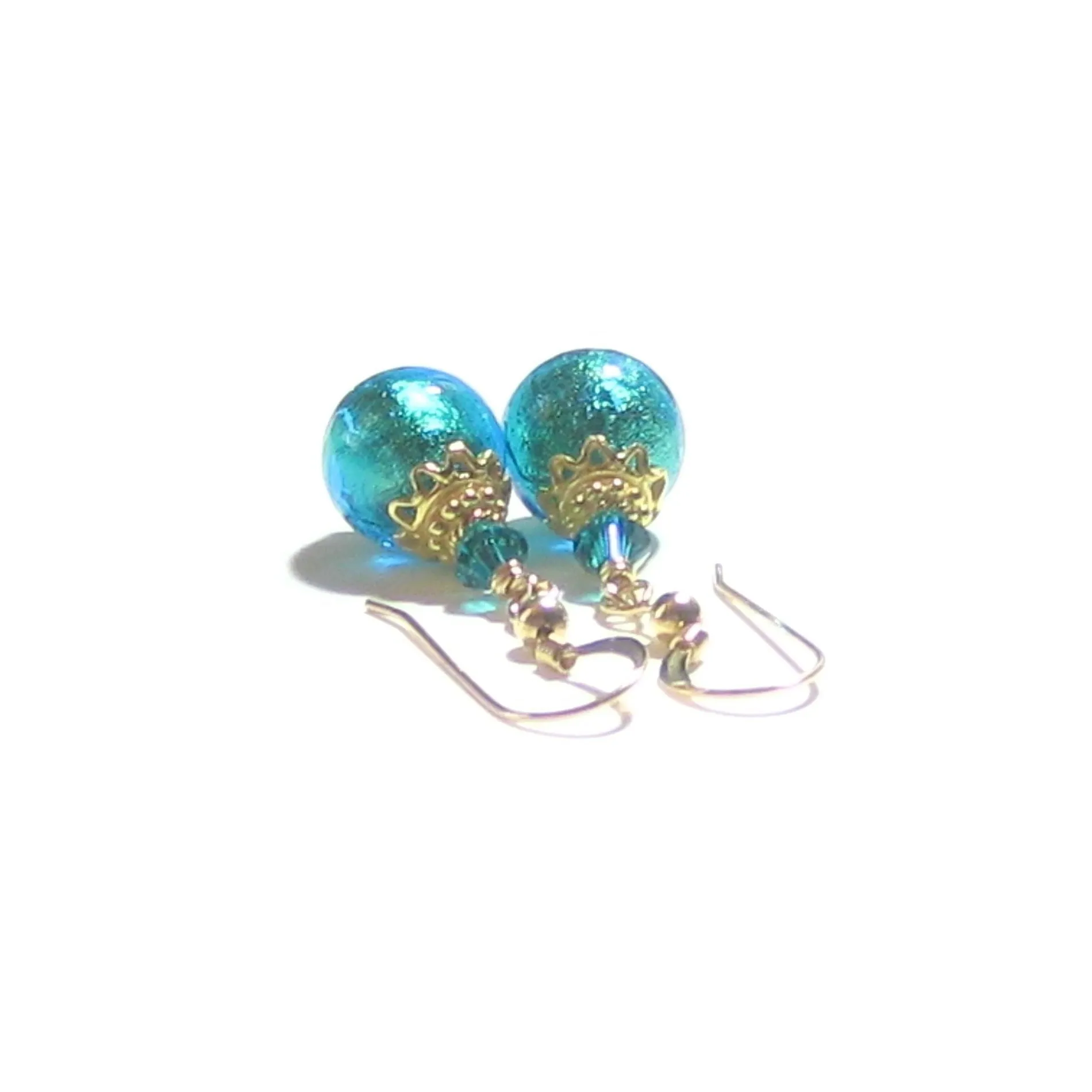 Murano Glass Aqua Gold Dangle Earrings by JKC Murano
