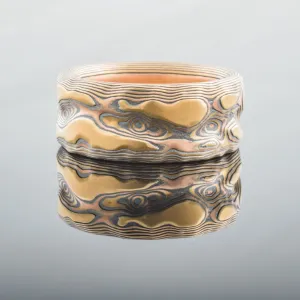 Natural Mokume Gane Guri Bori Band in Fire Palette with an Etched Finish