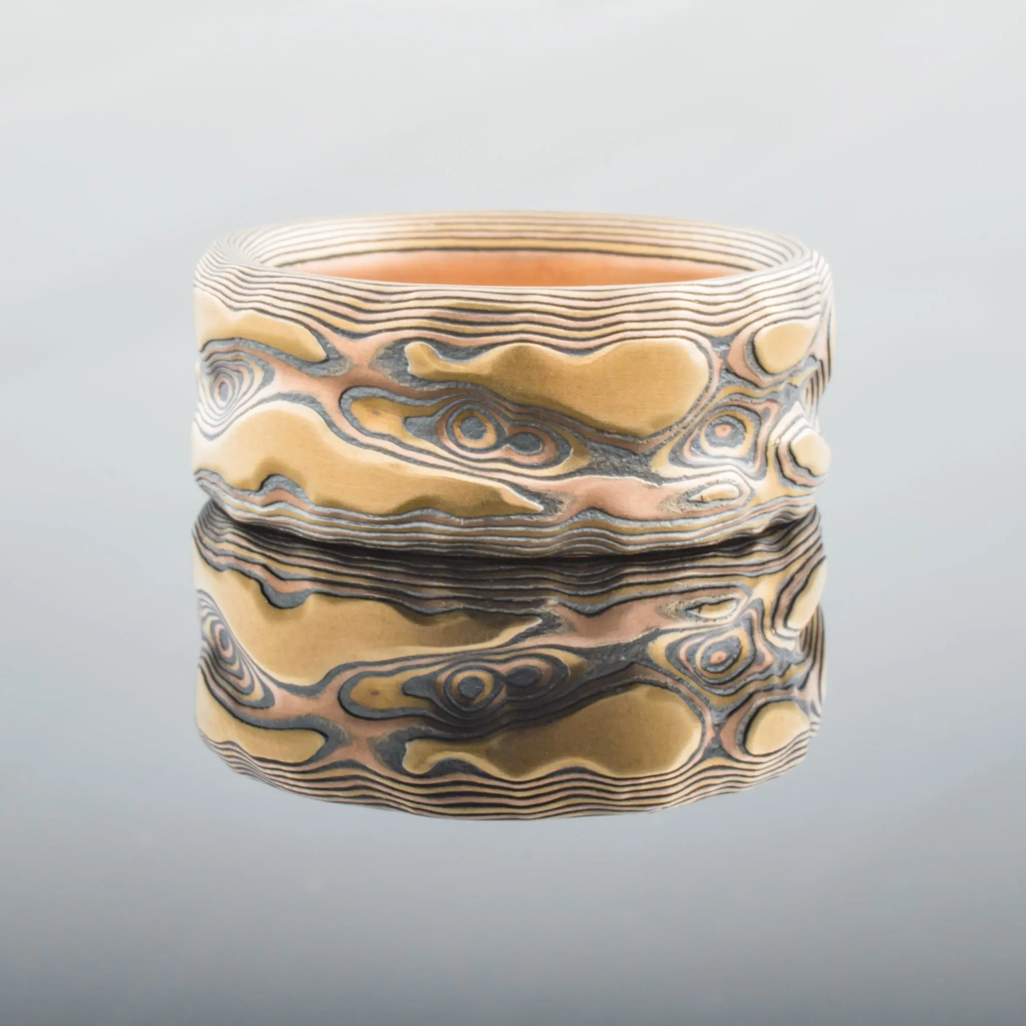 Natural Mokume Gane Guri Bori Band in Fire Palette with an Etched Finish