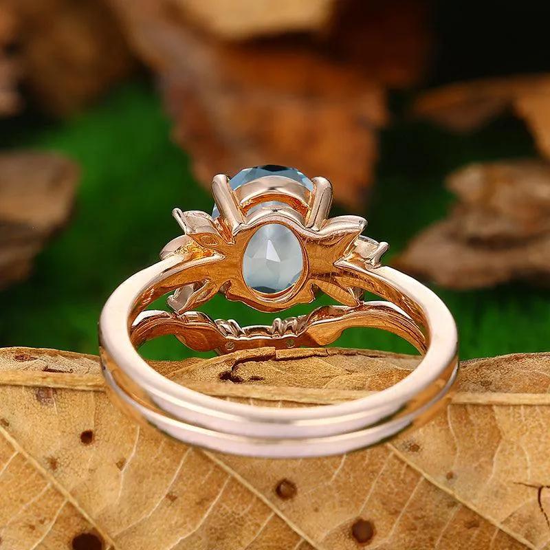 Nature Inspired 2 CT Aquamarine 14k  18k rose gold  Art Deco Leaf stackable  Engagement Ring