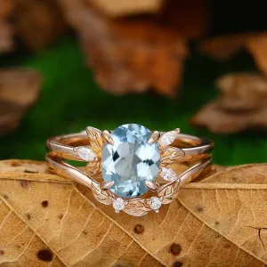 Nature Inspired 2 CT Aquamarine 14k  18k rose gold  Art Deco Leaf stackable  Engagement Ring
