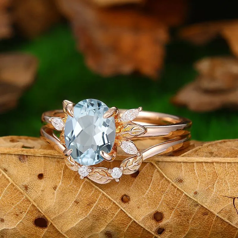 Nature Inspired 2 CT Aquamarine 14k  18k rose gold  Art Deco Leaf stackable  Engagement Ring