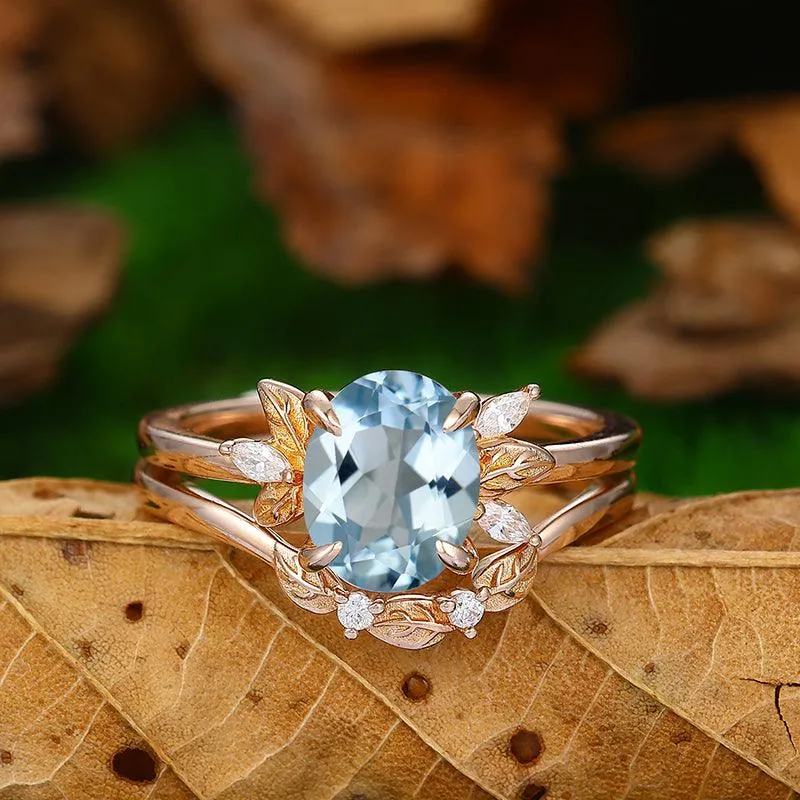 Nature Inspired 2 CT Aquamarine 14k  18k rose gold  Art Deco Leaf stackable  Engagement Ring