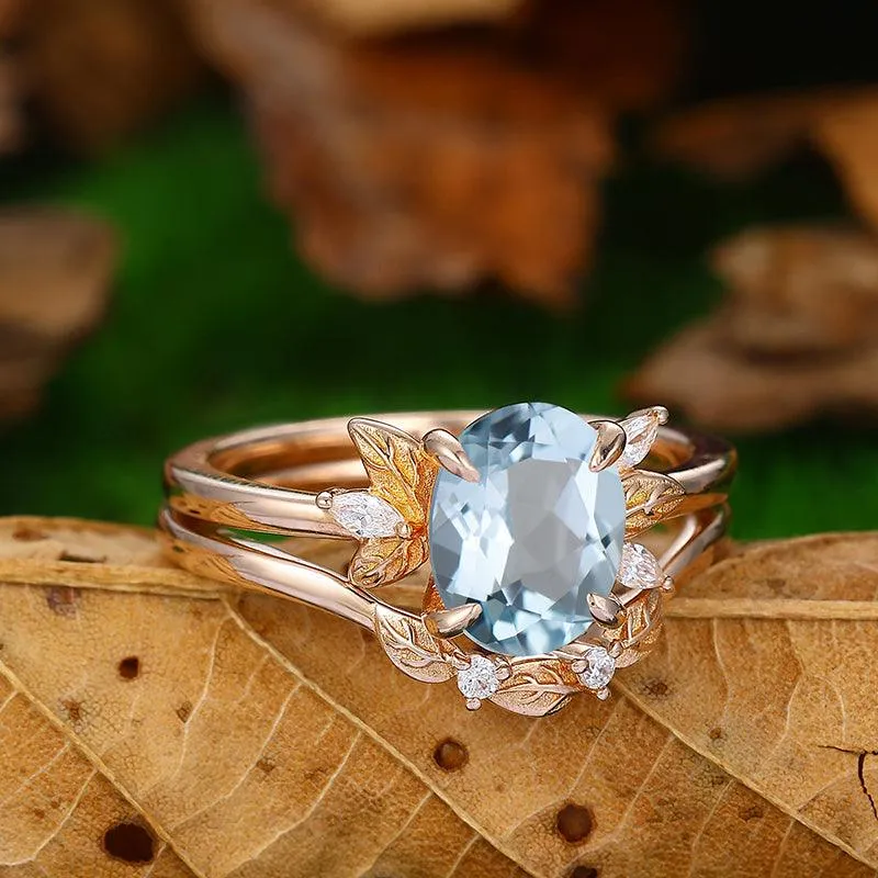 Nature Inspired 2 CT Aquamarine 14k  18k rose gold  Art Deco Leaf stackable  Engagement Ring