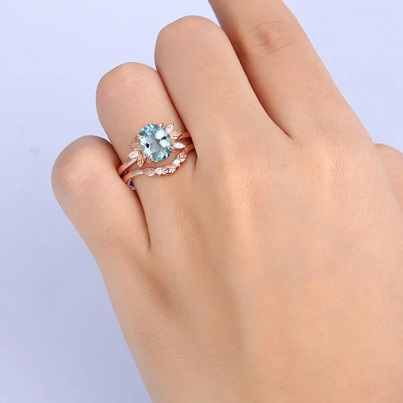 Nature Inspired 2 CT Aquamarine 14k  18k rose gold  Art Deco Leaf stackable  Engagement Ring