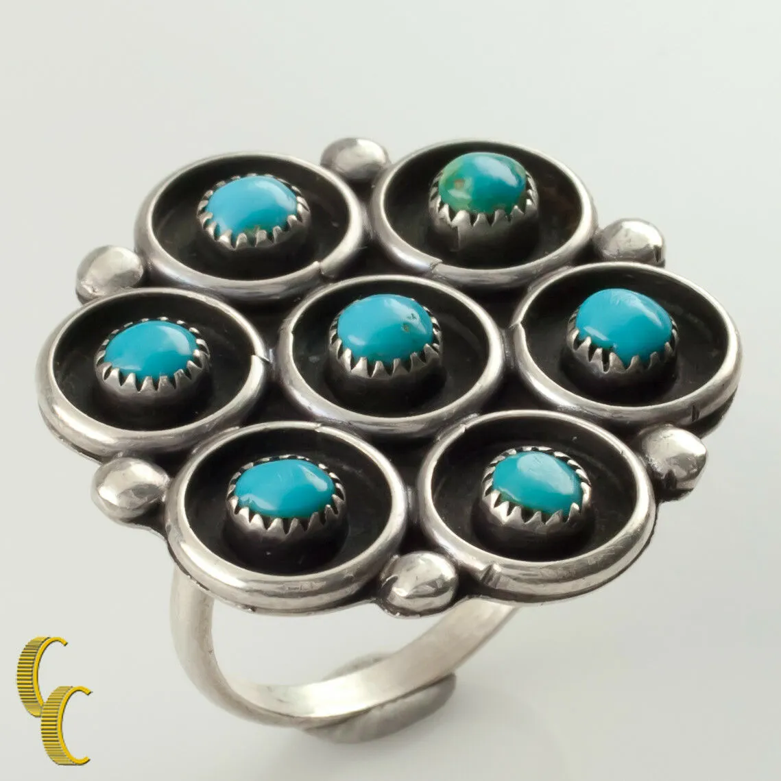 Navajo Silver and Turquoise Ring Unique Design Size 7.5 Nice Gift!