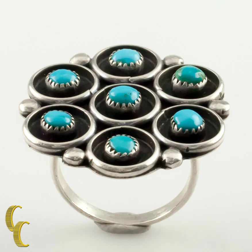 Navajo Silver and Turquoise Ring Unique Design Size 7.5 Nice Gift!