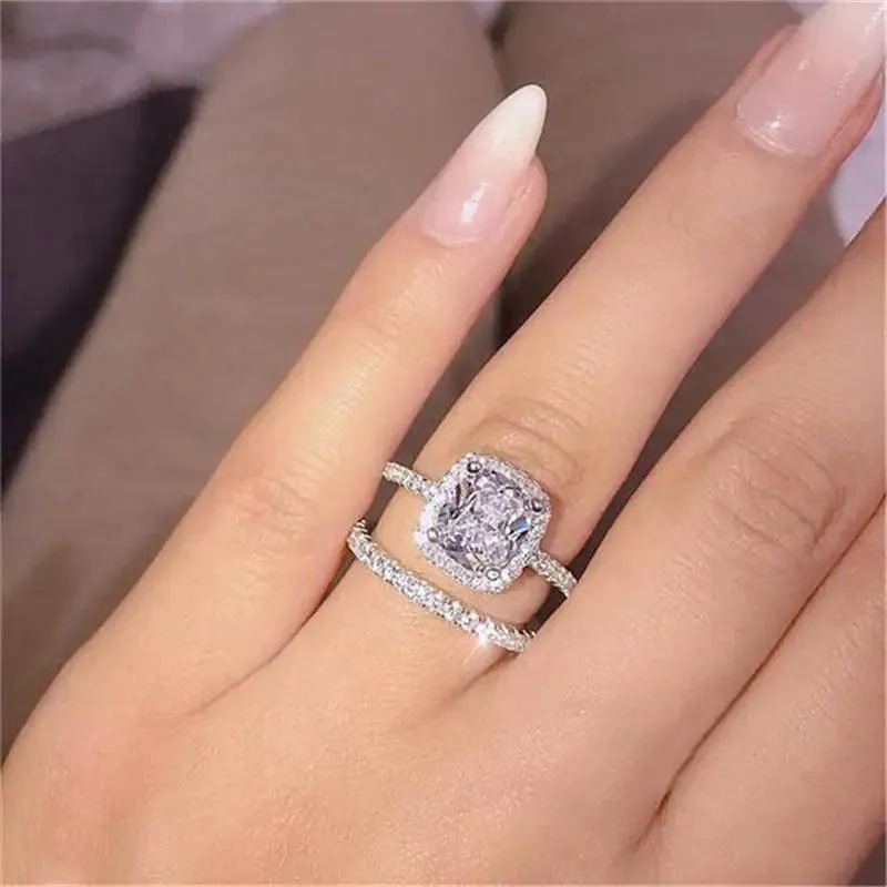 New Elegance Silver Couple Cubic Zirconia Set Ring Luxury Bridal Wedding And Engagement Fine Jewelry