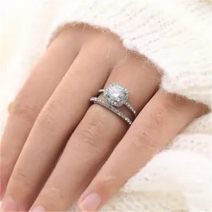 New Elegance Silver Couple Cubic Zirconia Set Ring Luxury Bridal Wedding And Engagement Fine Jewelry