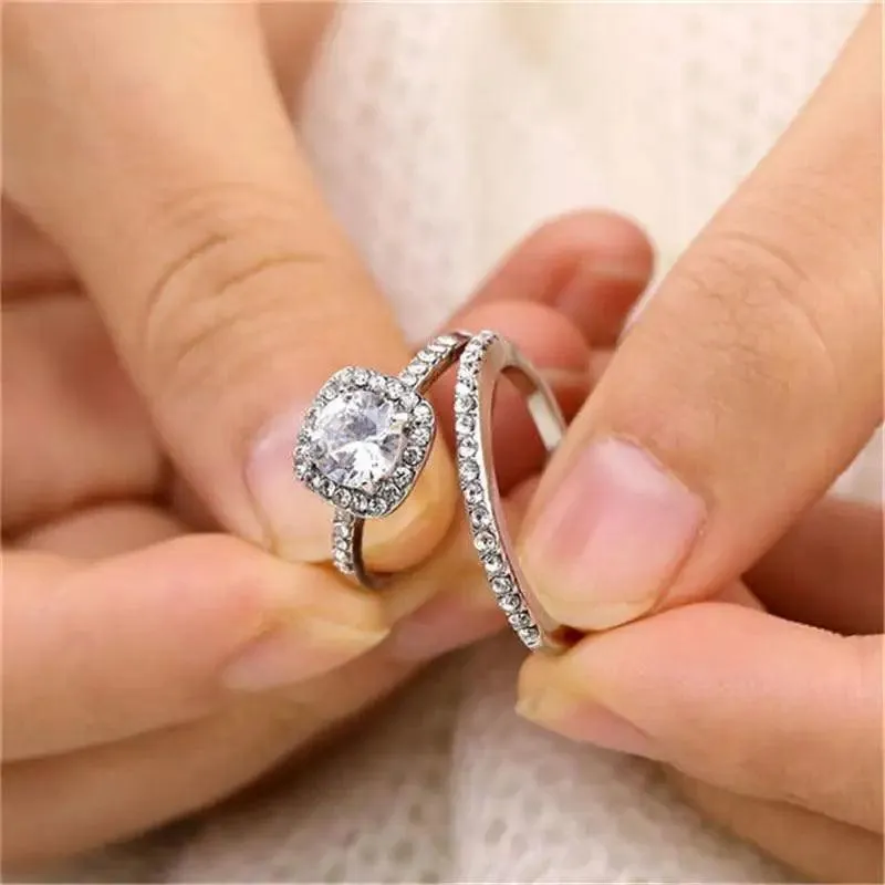 New Elegance Silver Couple Cubic Zirconia Set Ring Luxury Bridal Wedding And Engagement Fine Jewelry