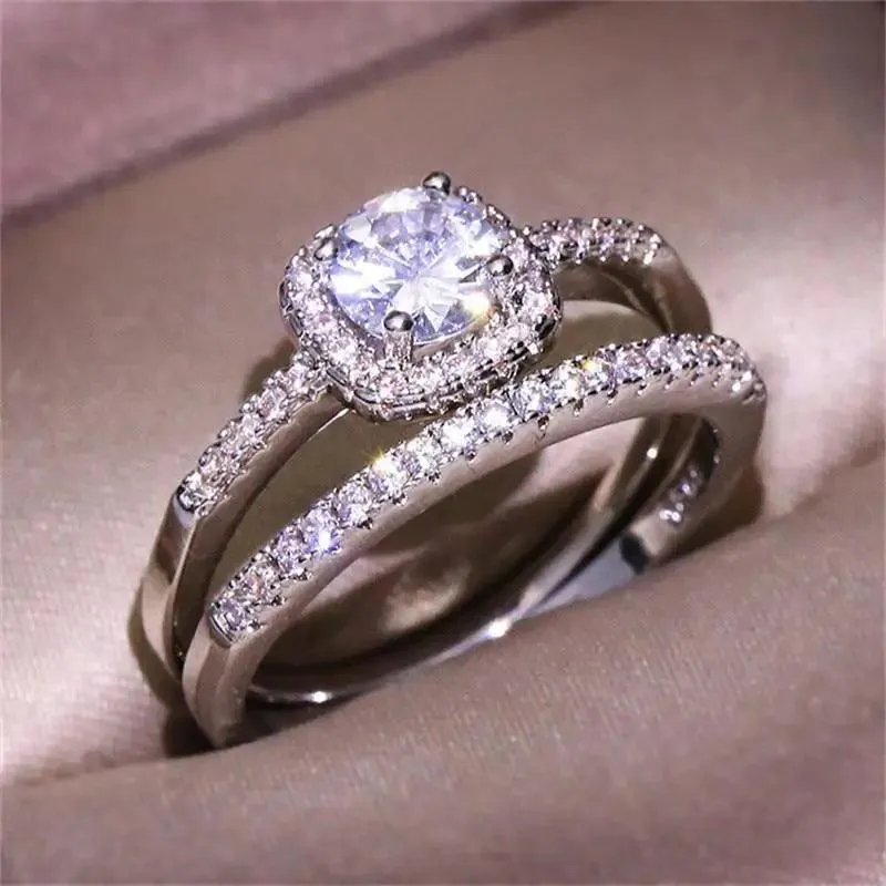 New Elegance Silver Couple Cubic Zirconia Set Ring Luxury Bridal Wedding And Engagement Fine Jewelry