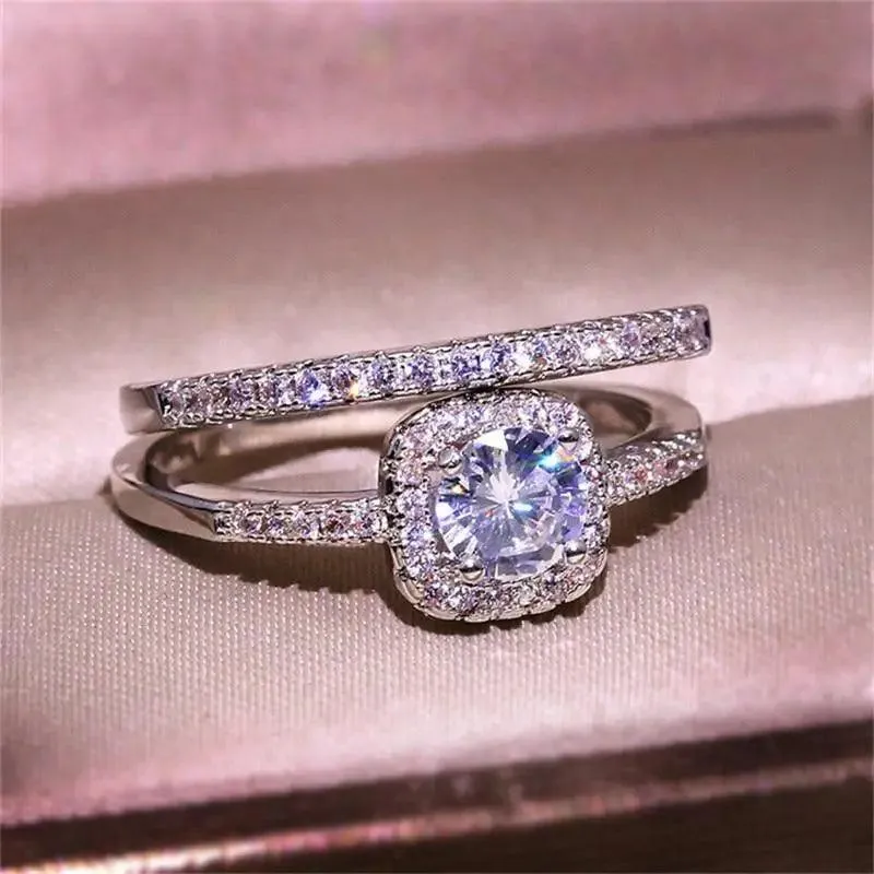 New Elegance Silver Couple Cubic Zirconia Set Ring Luxury Bridal Wedding And Engagement Fine Jewelry