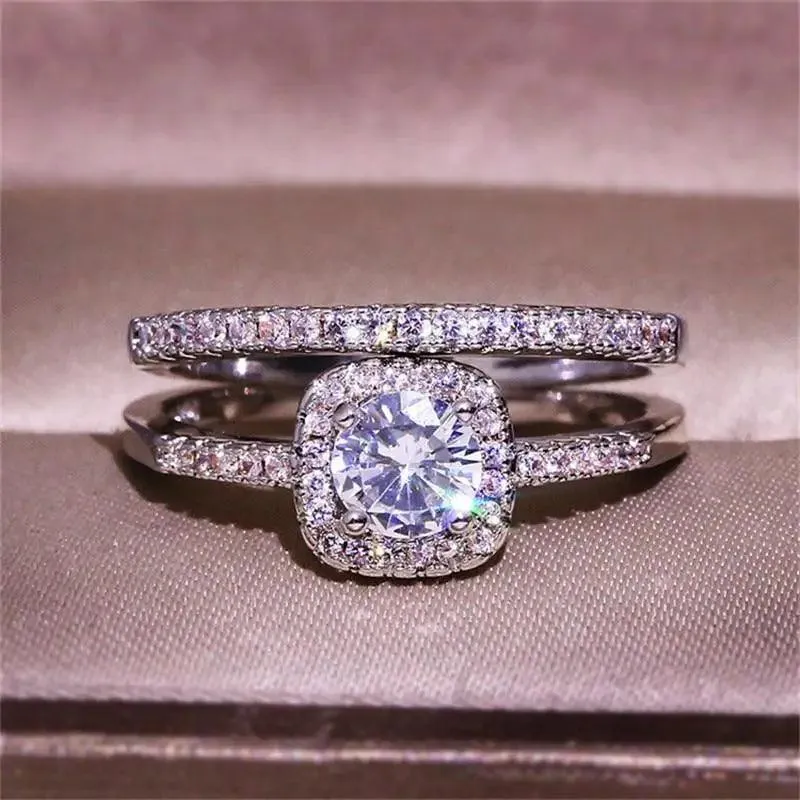 New Elegance Silver Couple Cubic Zirconia Set Ring Luxury Bridal Wedding And Engagement Fine Jewelry