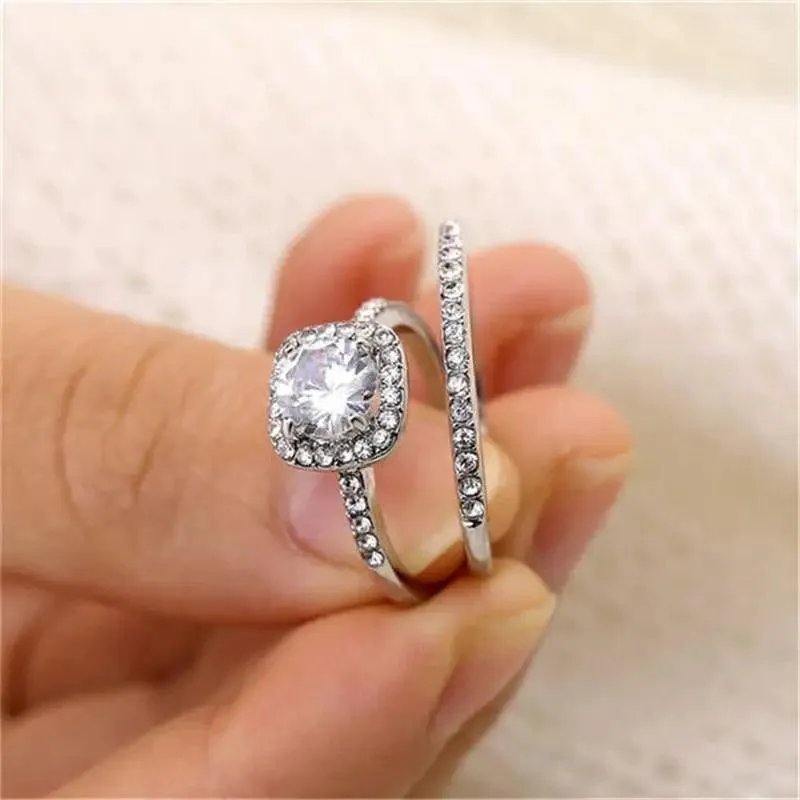 New Elegance Silver Couple Cubic Zirconia Set Ring Luxury Bridal Wedding And Engagement Fine Jewelry
