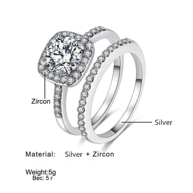 New Elegance Silver Couple Cubic Zirconia Set Ring Luxury Bridal Wedding And Engagement Fine Jewelry
