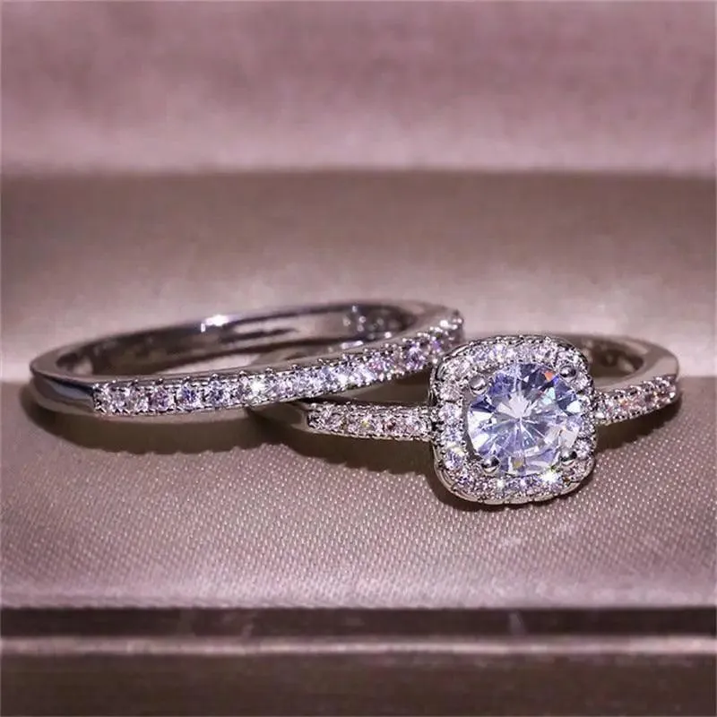 New Elegance Silver Couple Cubic Zirconia Set Ring Luxury Bridal Wedding And Engagement Fine Jewelry