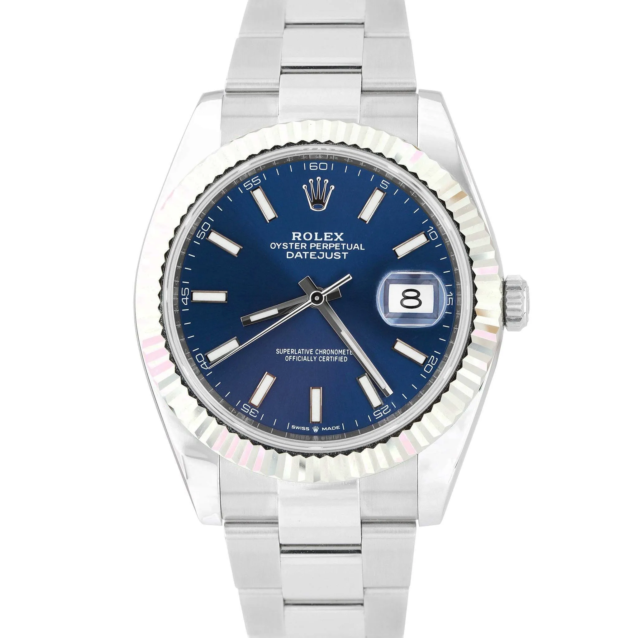 NEW JULY 2022 Rolex DateJust 41 Blue Stainless Steel Fluted Oyster Watch 126334