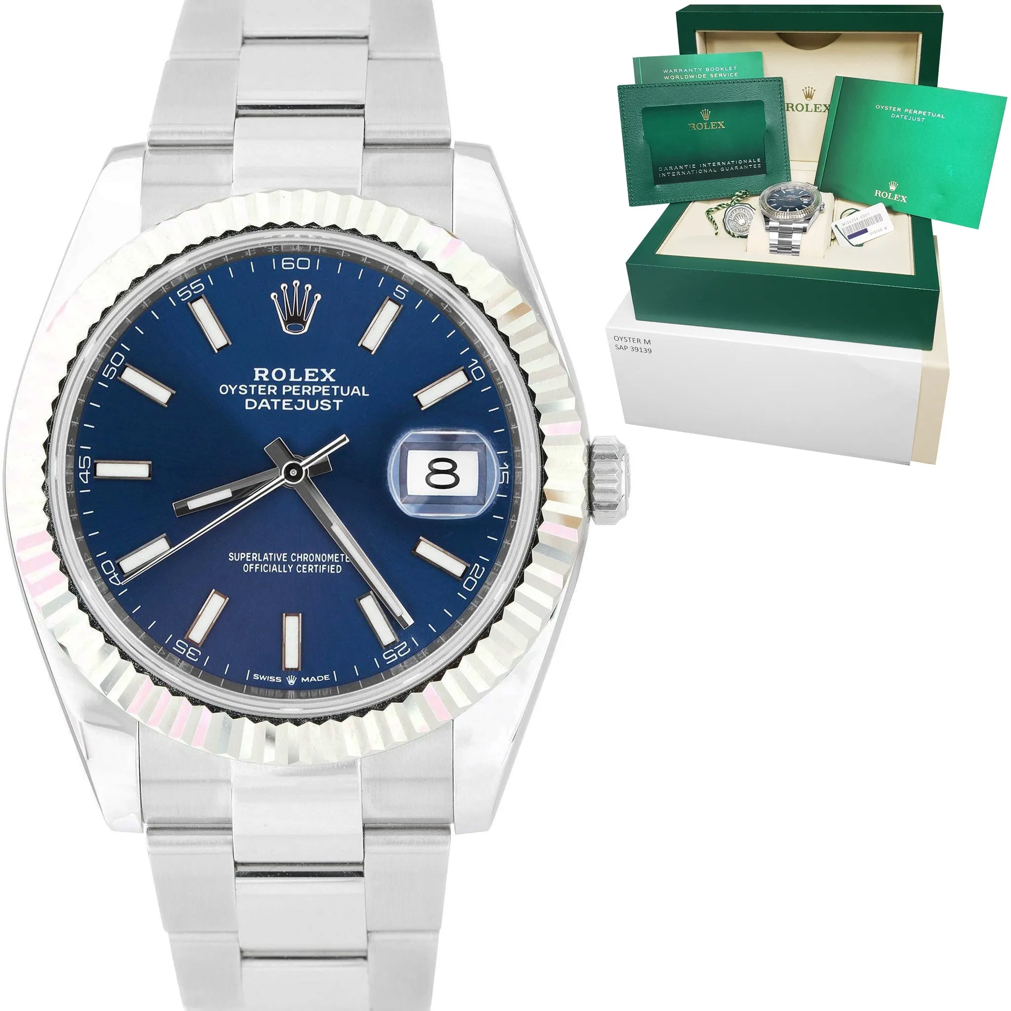 NEW JULY 2022 Rolex DateJust 41 Blue Stainless Steel Fluted Oyster Watch 126334