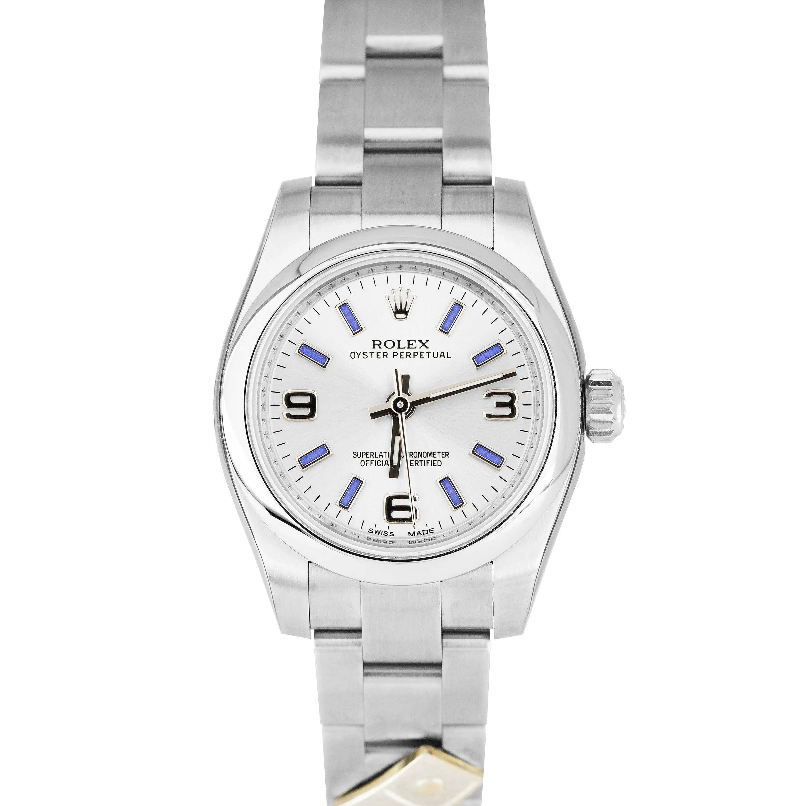 NEW STICKERED 2015 Rolex Oyster Perpetual 26mm Silver Blue DOMINOS Watch 176200