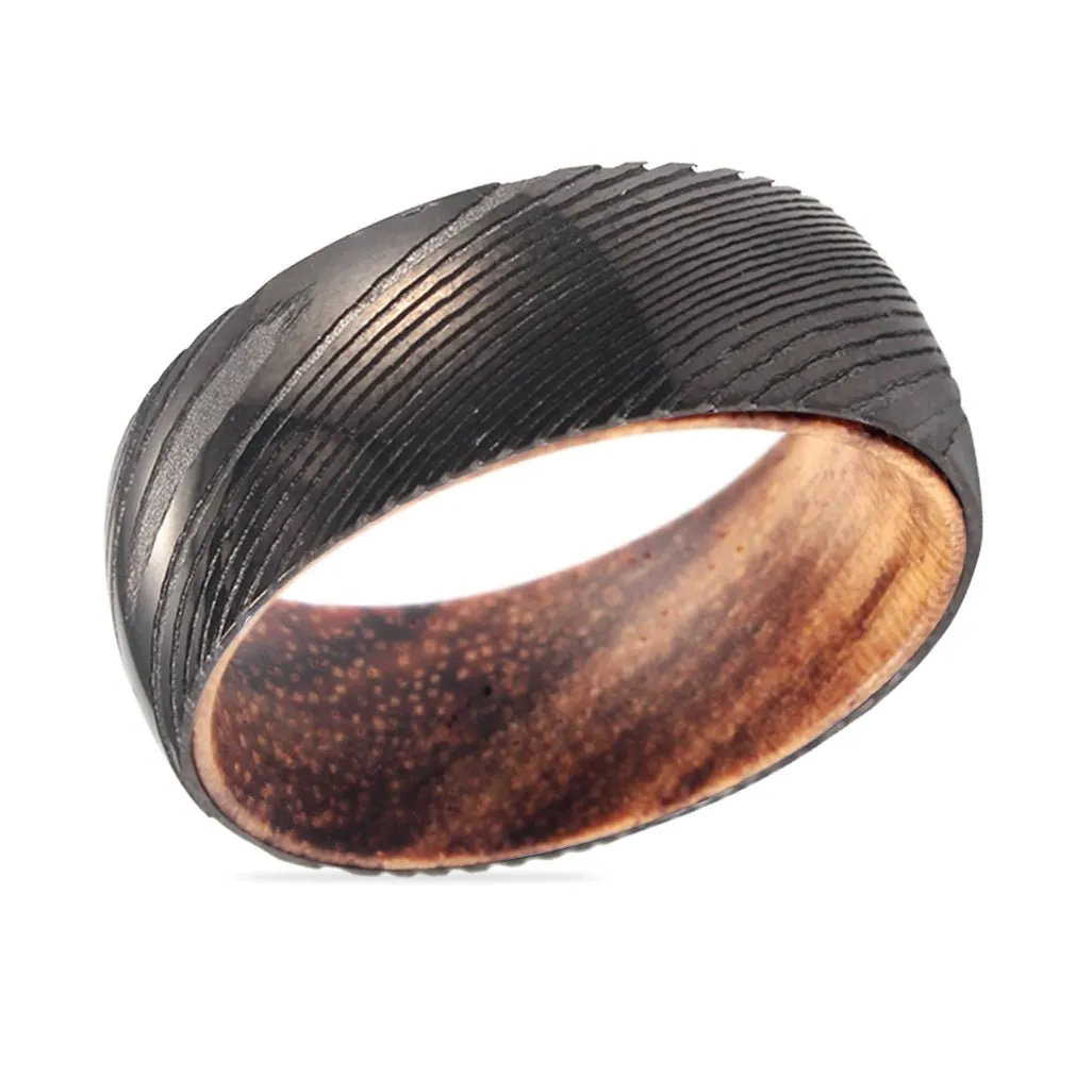 NEWON | Zebra Wood, Gunmetal Damascus Steel Ring, Domed