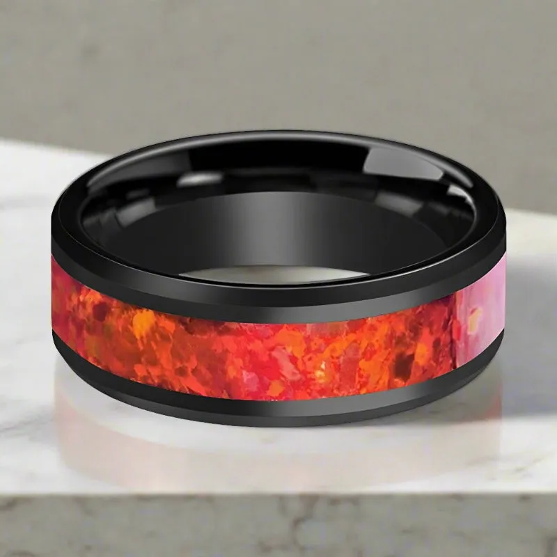 NOVA | Black Ceramic Ring, Red Opal Inlay, Beveled