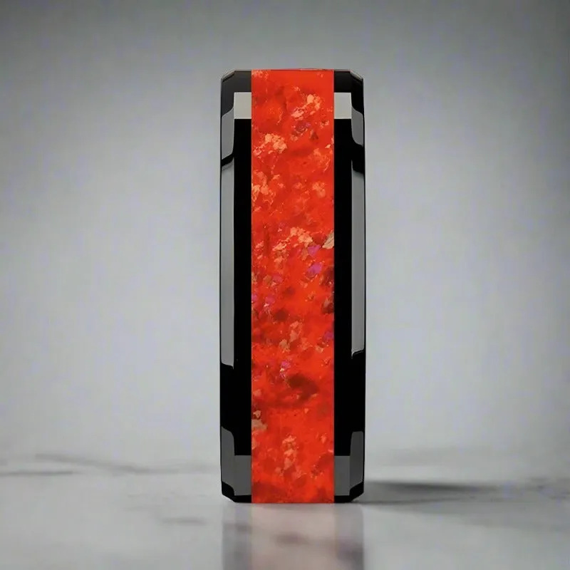 NOVA | Black Ceramic Ring, Red Opal Inlay, Beveled