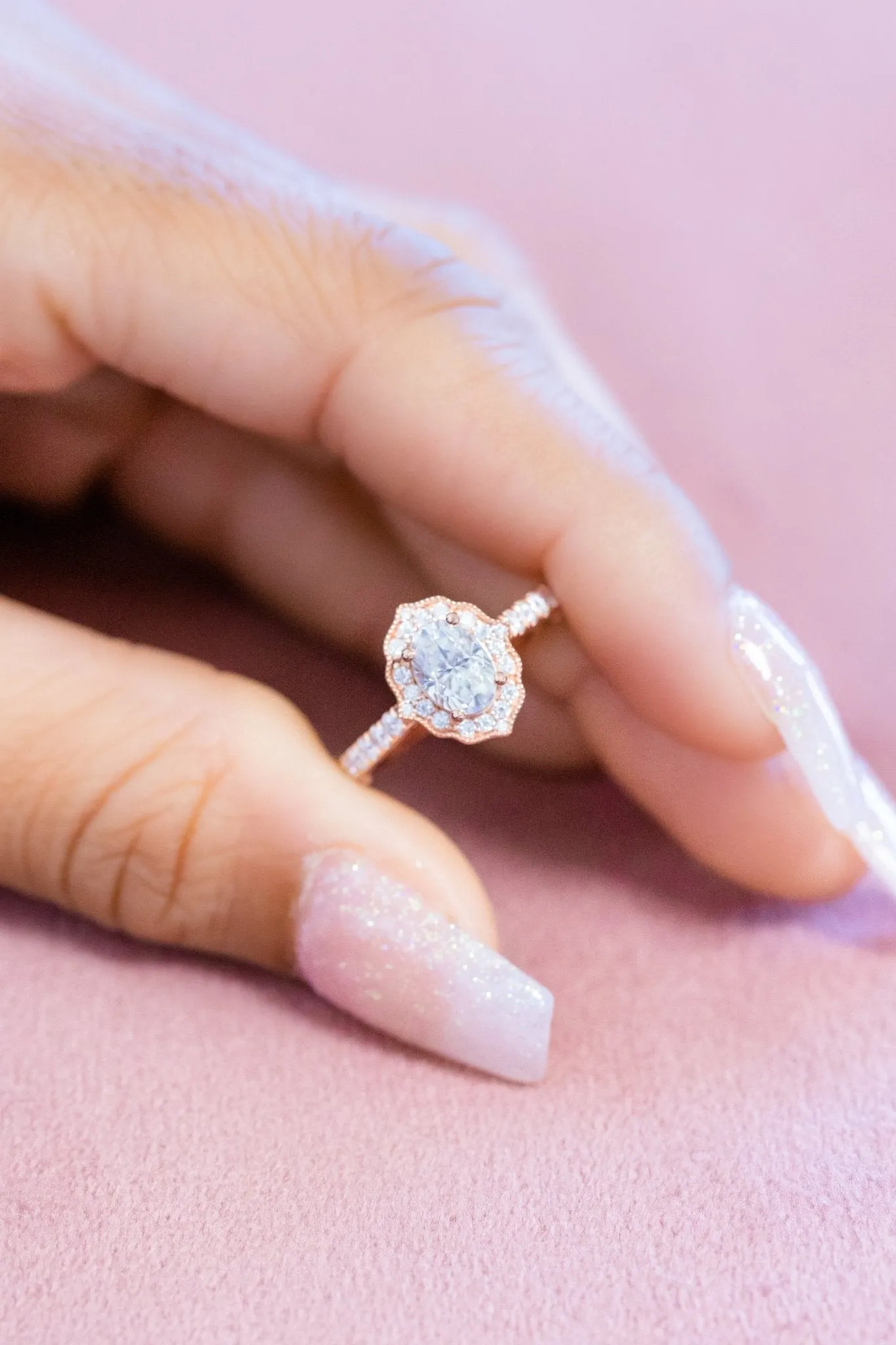 Oval Moissanite Engagement Ring Floral Halo