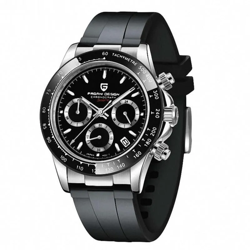Pagani Design Black Silicone Strap Black Dial Chronograph Quartz Watch for Gents - PD1664