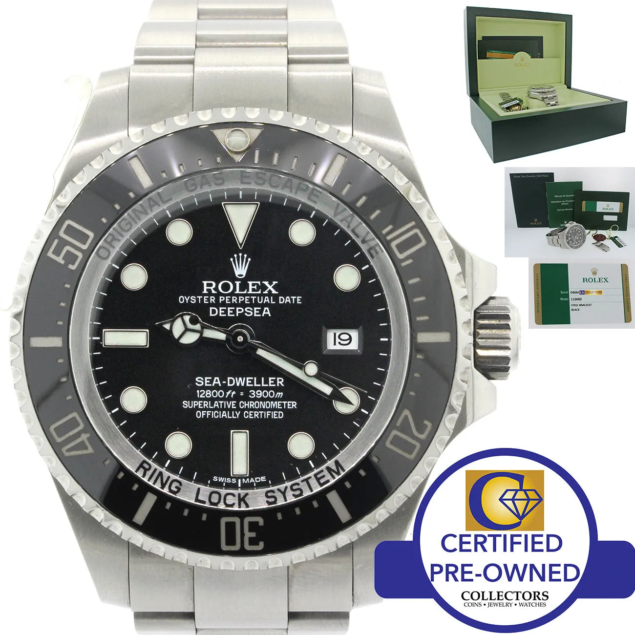 PAPERS 2015 Rolex Sea-Dweller Deepsea 116660 Steel 44mm Black Ceramic Dive Watch
