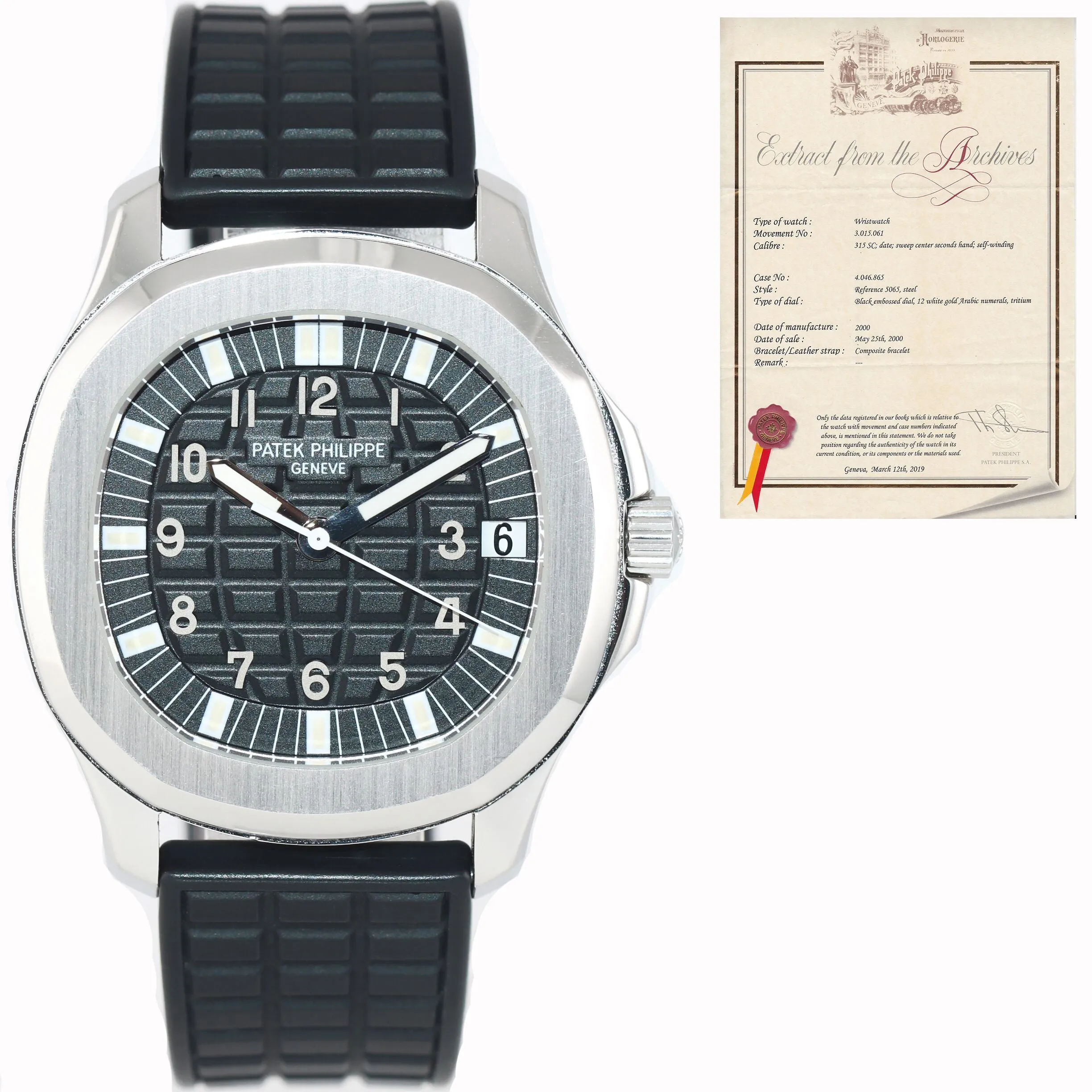 PAPERS Patek Philippe Tritium Steel Aquanaut Black Rubber JUMBO 5065 38mm Watch