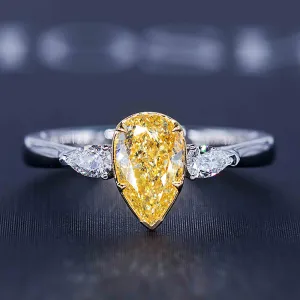 Pear Cut GIA Fancy Yellow Diamond Three Stone Ring