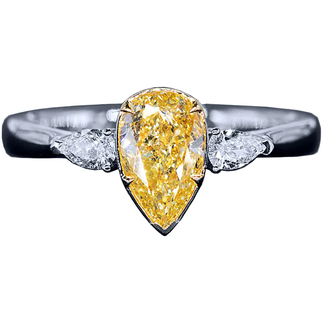 Pear Cut GIA Fancy Yellow Diamond Three Stone Ring