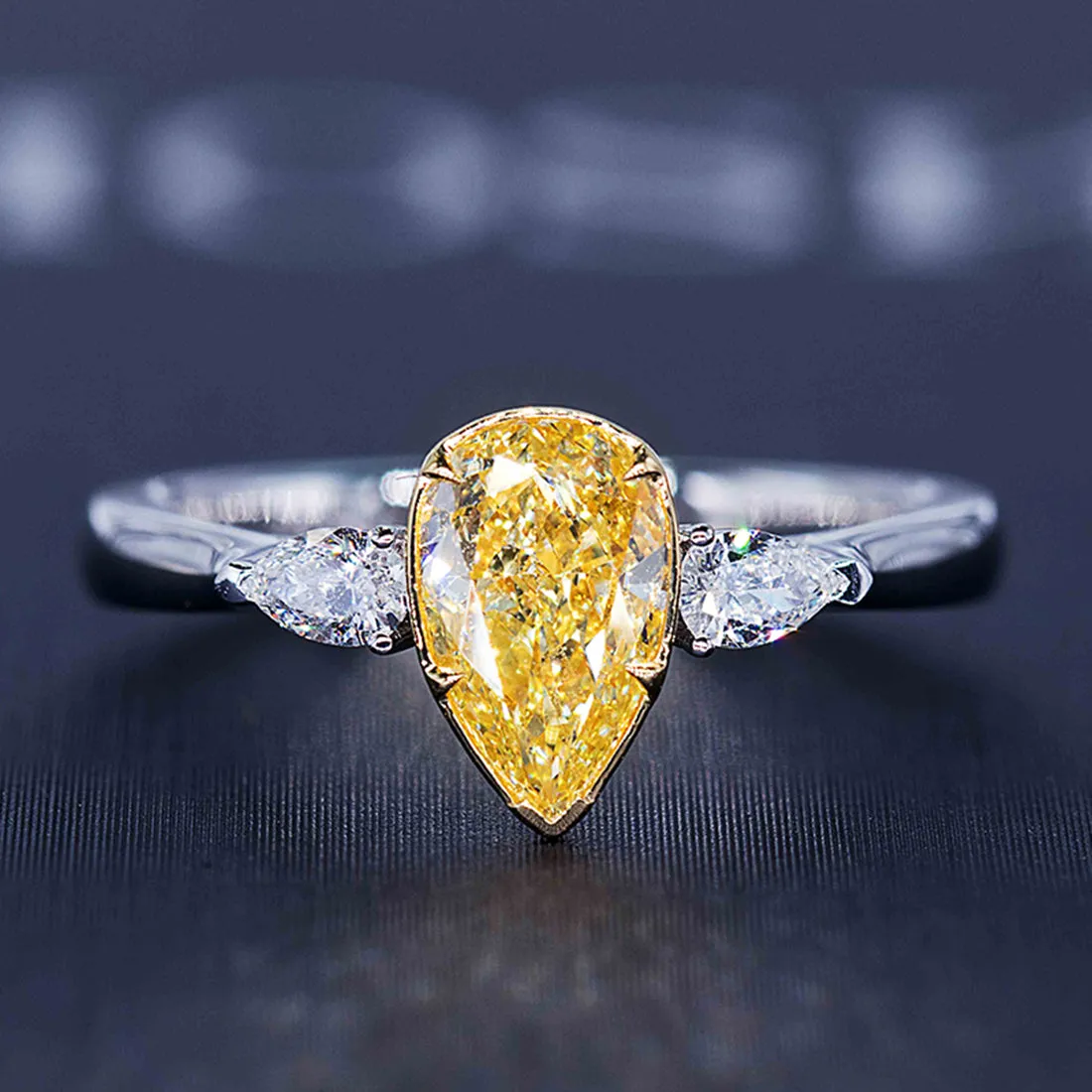 Pear Cut GIA Fancy Yellow Diamond Three Stone Ring