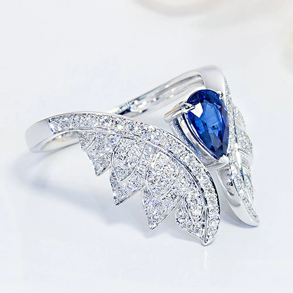 Pear Cut Sapphire and Diamond Angel Wings Ring