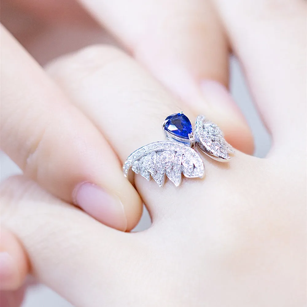 Pear Cut Sapphire and Diamond Angel Wings Ring