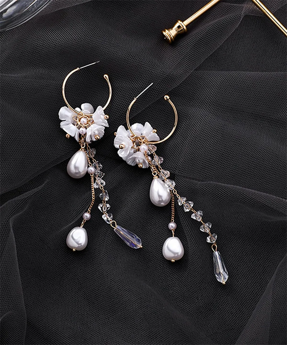 Pearl & Crystal 18K Gold-Plated Floral Tassel Drop Earrings