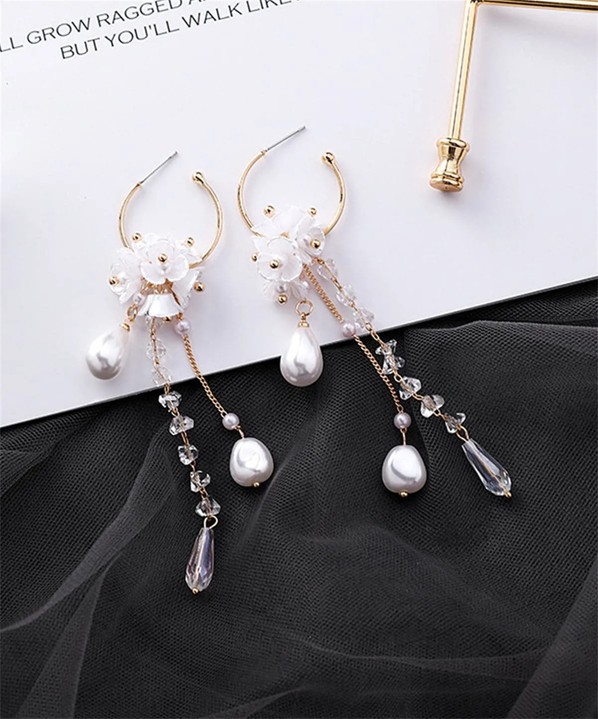 Pearl & Crystal 18K Gold-Plated Floral Tassel Drop Earrings