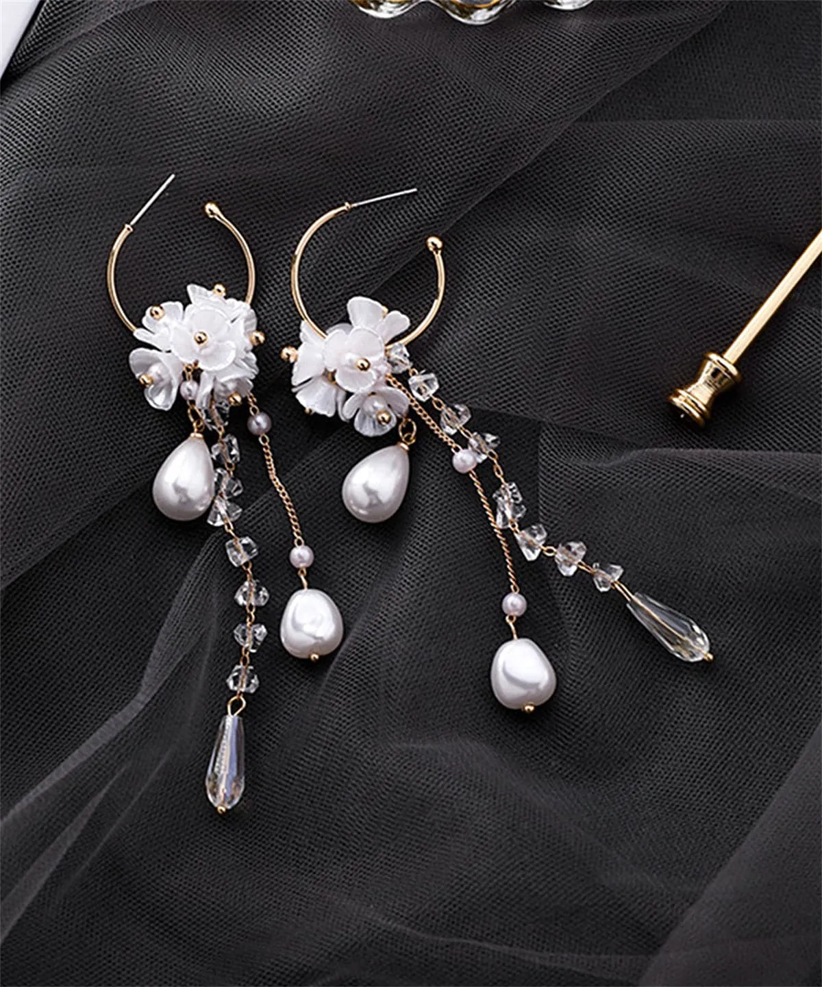 Pearl & Crystal 18K Gold-Plated Floral Tassel Drop Earrings